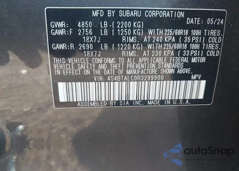 2024 Subaru Outback Onyx Edition из США, поврежденный, VIN 4S4BTALC0R3299900